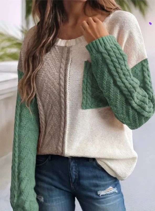 Weekend Style Colorblock Cable Knit Sweater In Vineyard Green