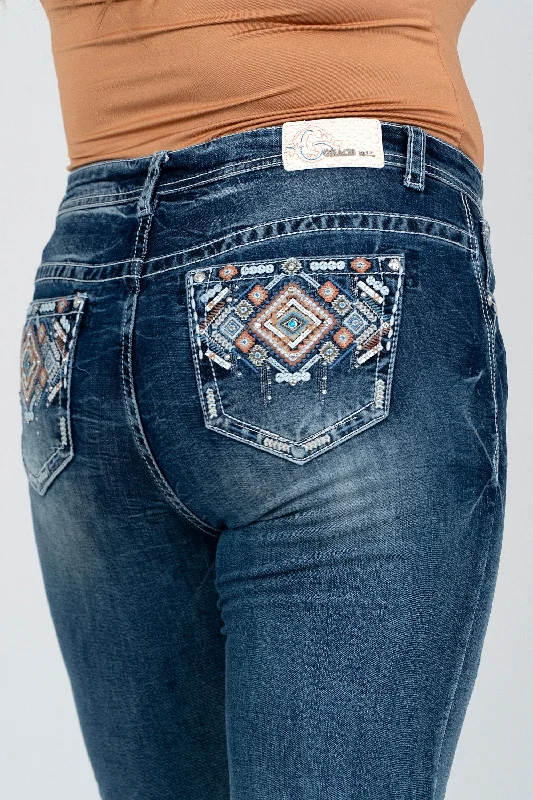 Sports Functional Style Aztec Colorful Embellished Women's Plus Size Bootcut Jeans