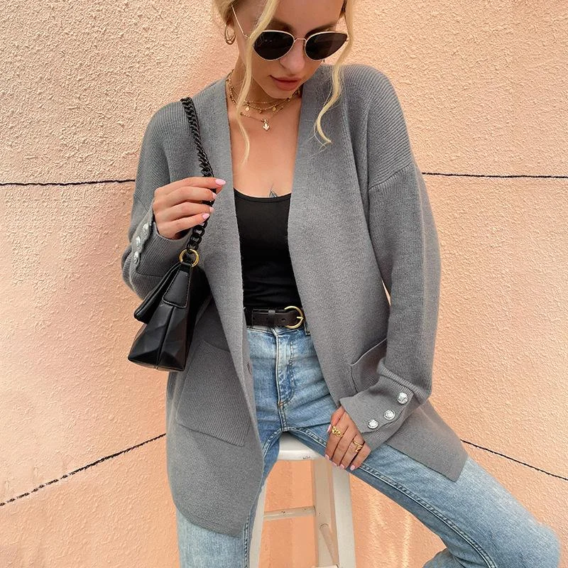 Floral Prints 2021 Autumn and Winter New Sweater Women's Leisure Medium Knitted Cardigan Button Decor Open Front with Pocket