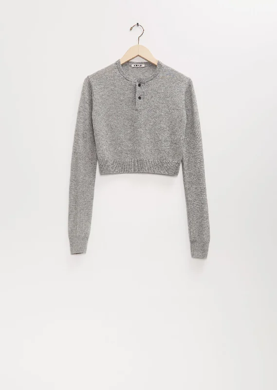 Cozy Outfit Super Fine Cashmere Silk Knit Henley — Top Gray