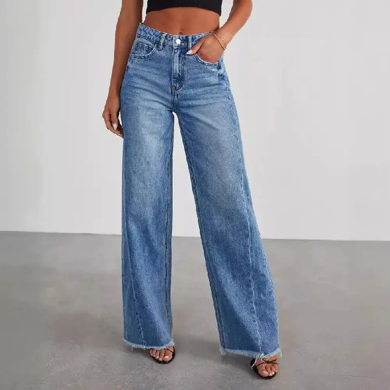 Cozy Outerwear Women's Loose Wide-leg Side Seam Stitching Frayed Hem Jeans