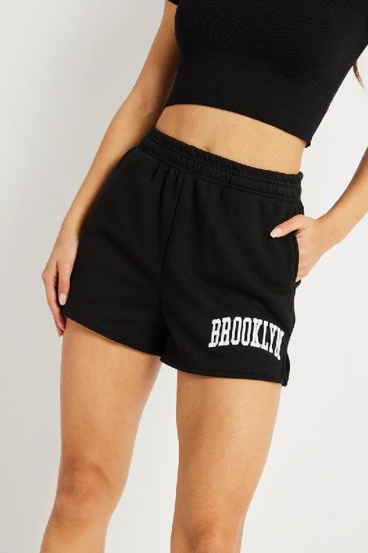 Warm Winter Series Black Track Shorts High Rise Elastic Waist