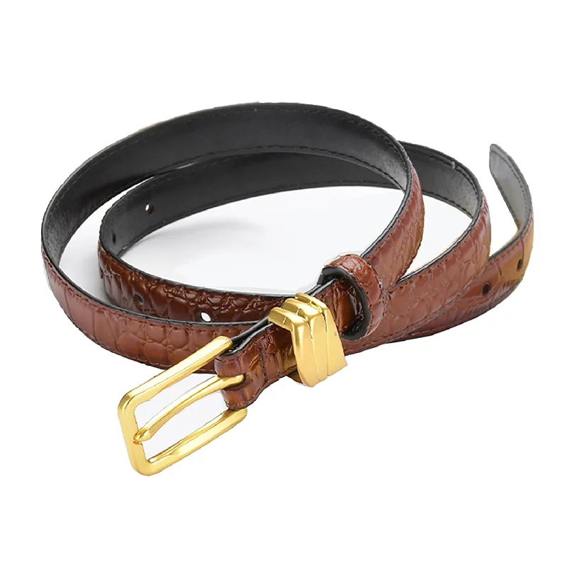 Fashion Touch Genuine leather with Crocodile pattern pin buckle thin belt jeans belt for women (Dark Brown)