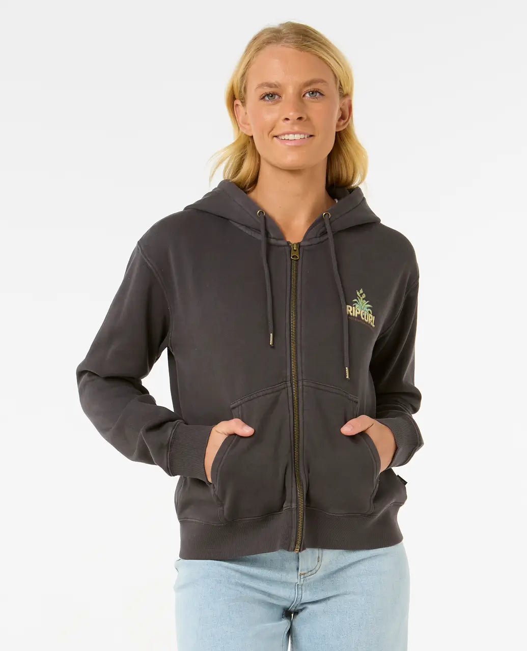 Round neck design La Paloma Relaxed Zip Thru Hoodie in Washed Black