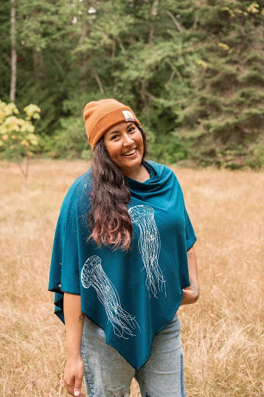 Avant-garde trend Moroccan Tencel Poncho with Jellyfish Print