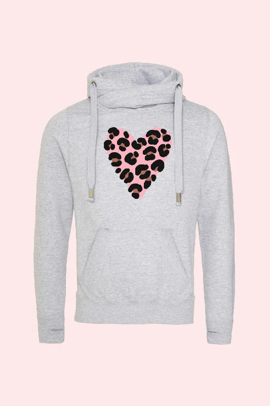 All-Day Comfort Outlet - Grey Leopard Heart Cowl Neck Hoodie