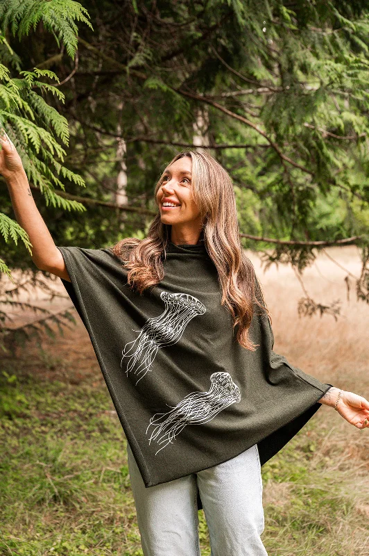 Boutique display Forest Green Tencel Poncho with Jellyfish Print