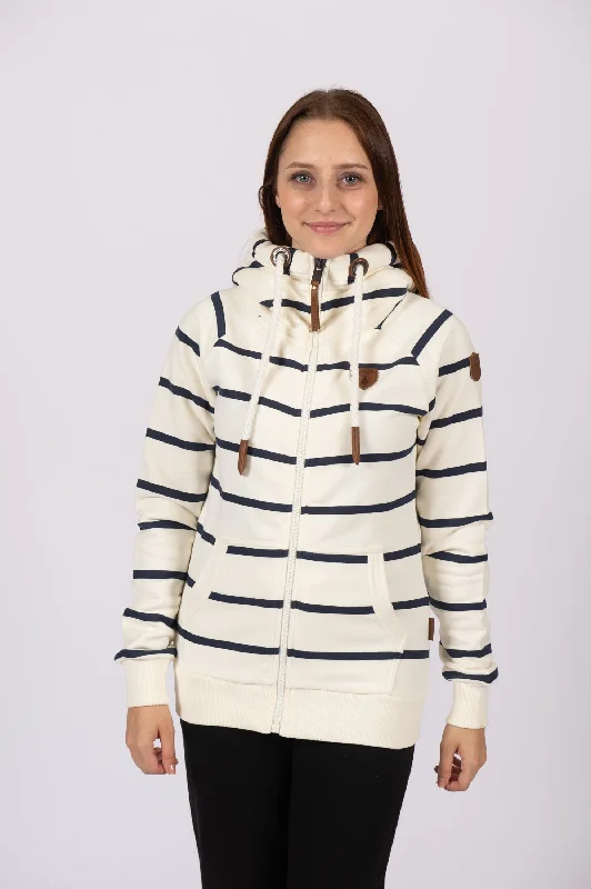Extra long version Hera Printed Wide Stripe Oatmeal Full-Zip Hoodie