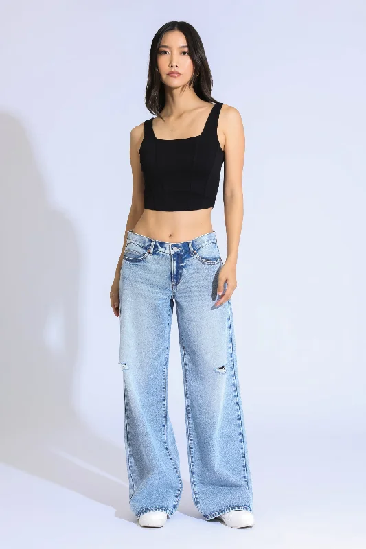 European And American Style ASHLEY CLASSIC LOW RISE A-LINE BAGGY JEANS - LIGHT BLUE/BLACK