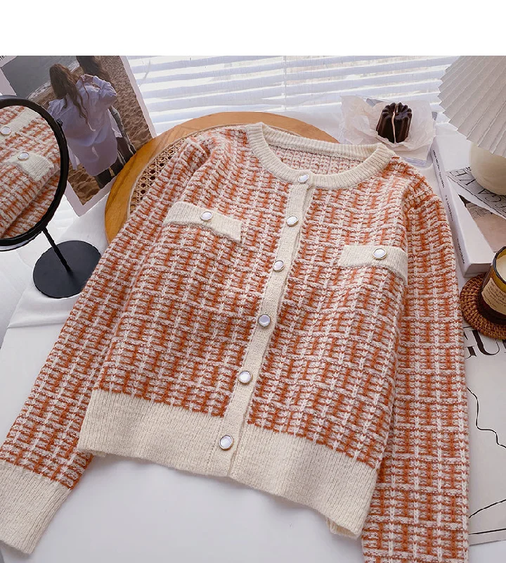 Urban Fashion New Korean round neck small fragrance top cardigan  6077