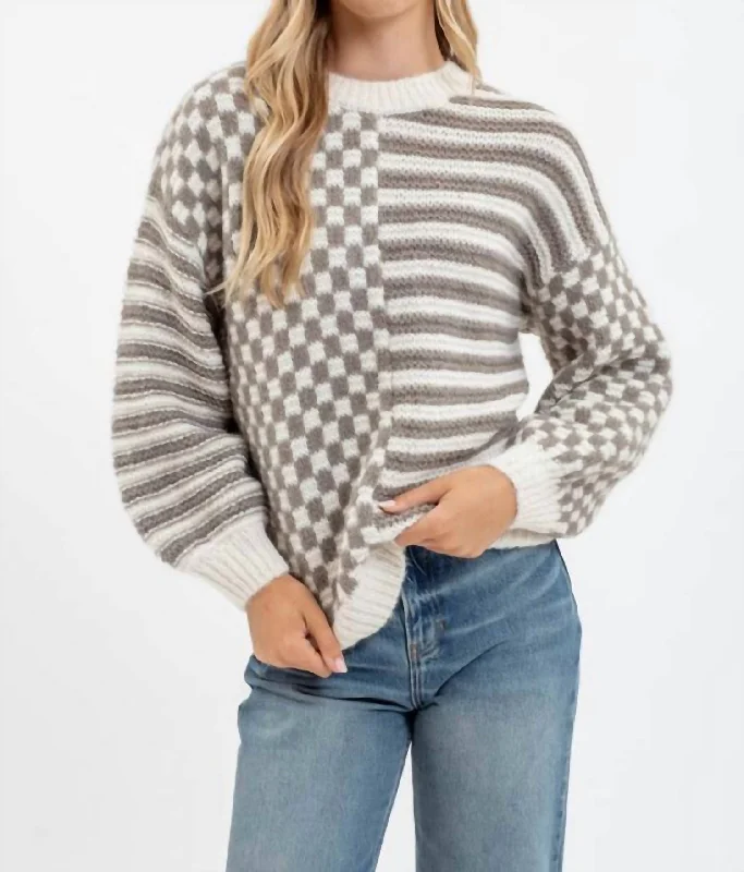 Loose Fit Checker And Stripe Sweater In Olive And Ivory