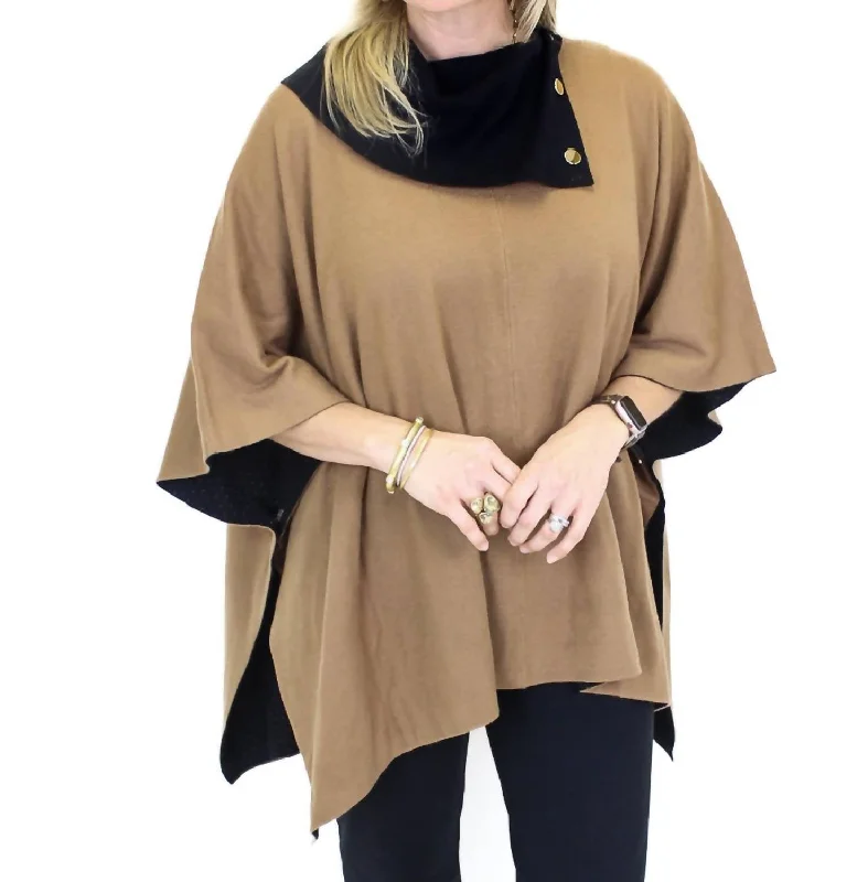 Designer Style Gold Button Poncho In Black/tan