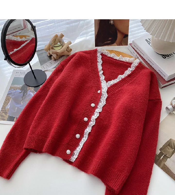 Street Cool Lace edge V-Neck long sleeve design loose short top  6048