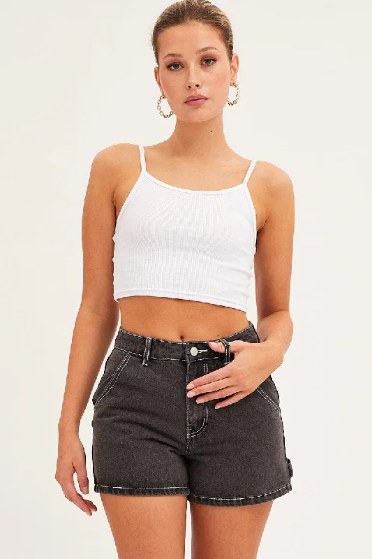Elegant Wear Black Carpenter Denim Shorts High Rise