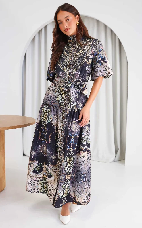 Retro Dress Sahara Night Sky Short Sleeve Maxi Dress -  Black Multi Print