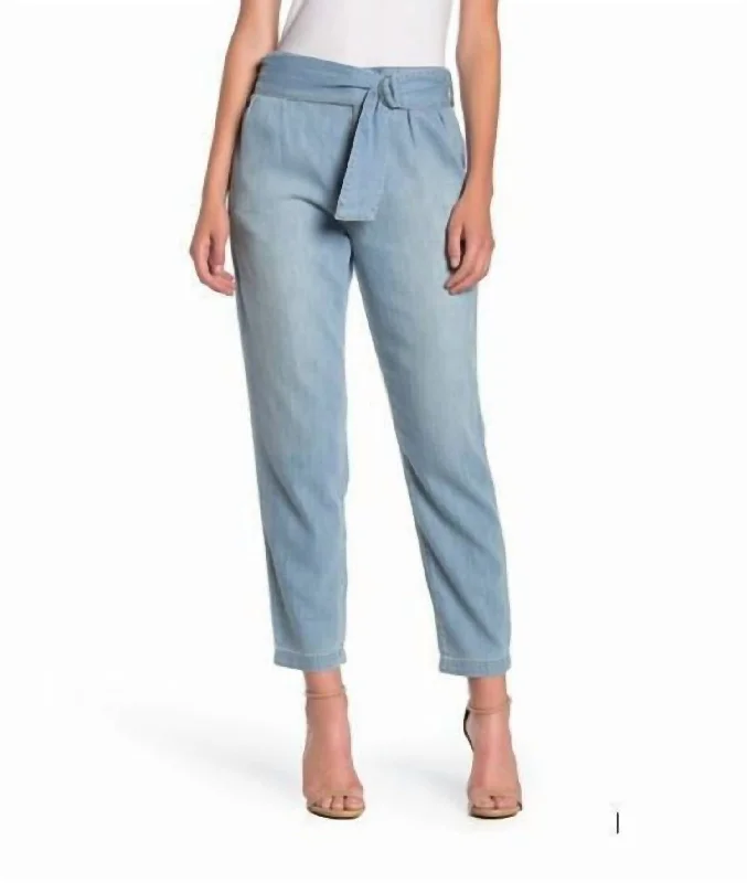 Easy Chic Belted Paperbag Soft Denim High Rise Pants In Light Wash