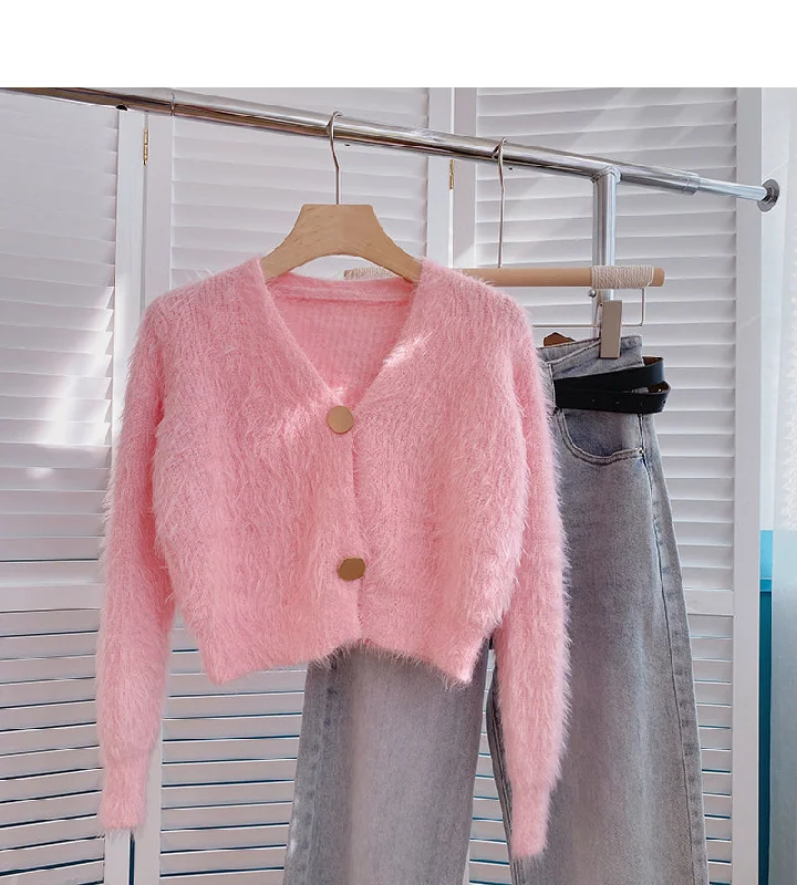 Celebrity Style Mohair sweater solid V-neck short long sleeve top  6063