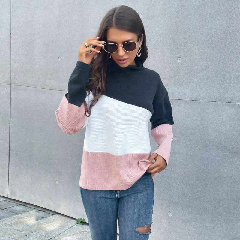 Comfortable And Versatile Half High Collar Tri-Color Women Knitted Sweater Wholesale