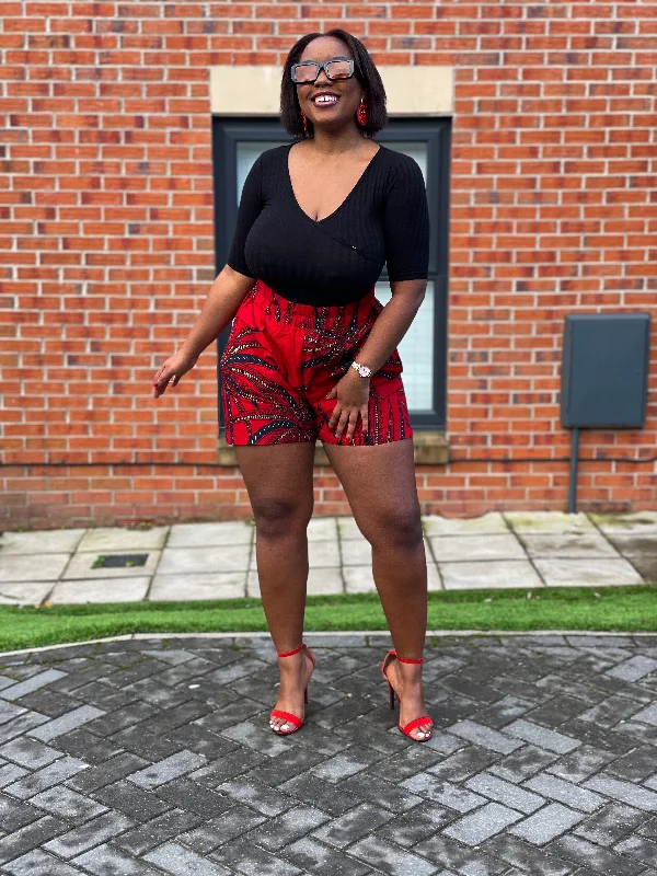 Retro Design Gibs Ankara High Waisted Shorts | Red and Black African Print