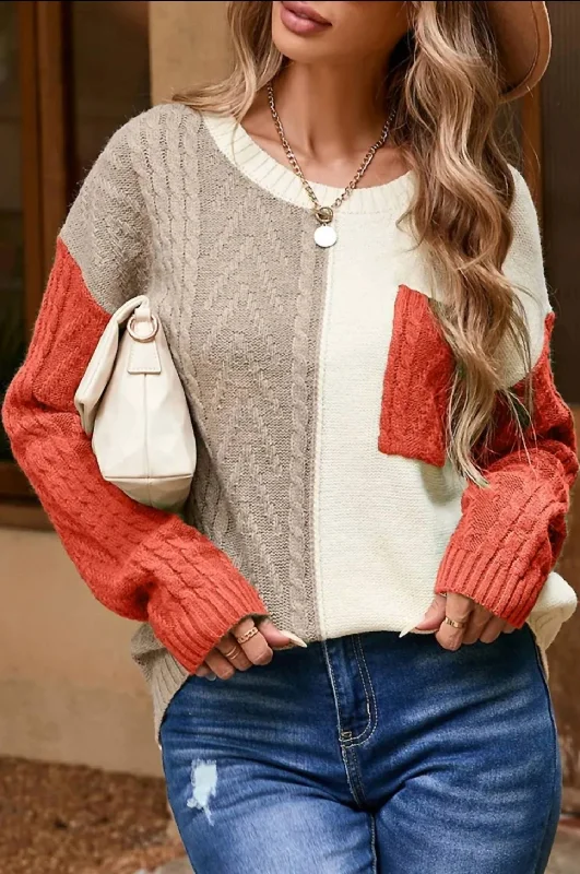 Practical Style Colorblock Cable Knit Sweater In Gold Flame