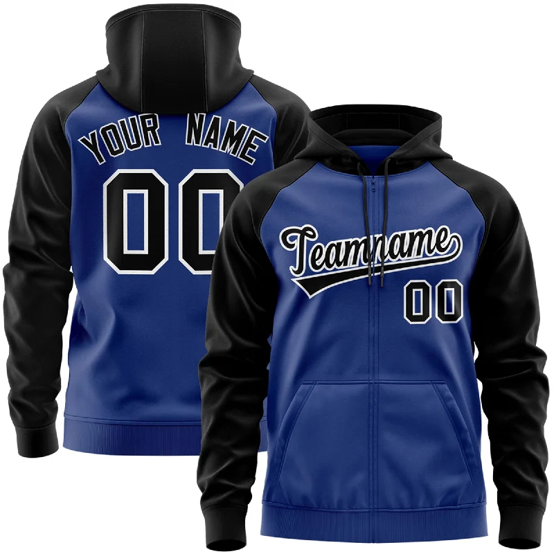 Sports Series Custom Stitched Royal Black-White Raglan Sleeves Sports Full-Zip Sweatshirt Hoodie