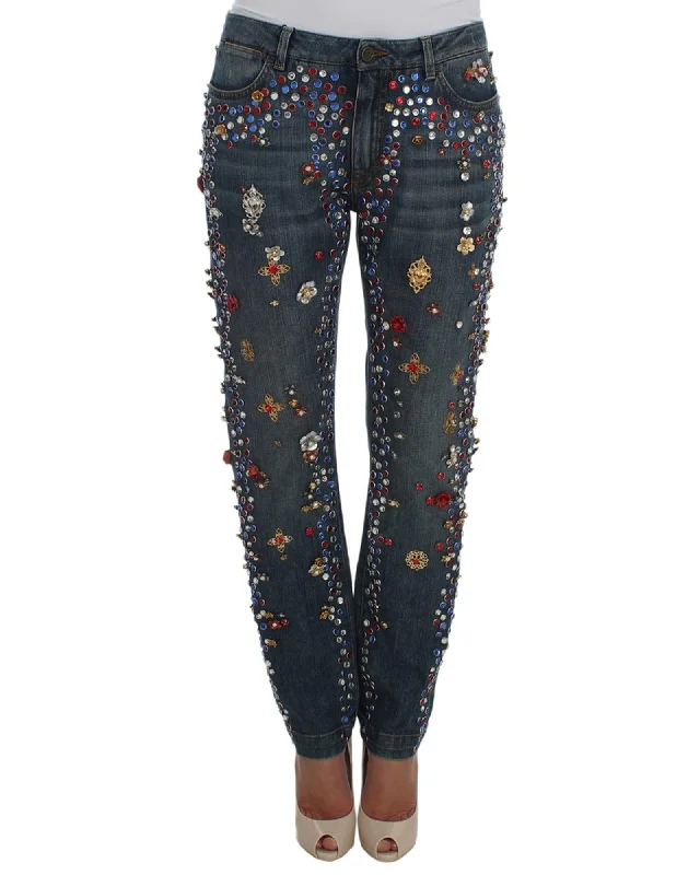Versatile Itinerary Blue Wash Crystal Heart Roses Embellished Enchanted Sicily Boyfriend Jeans 38 IT Women