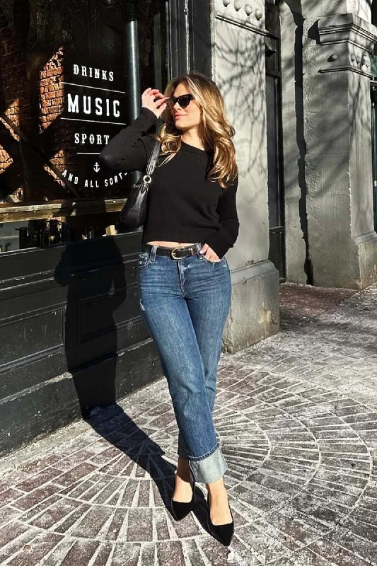 Warm And Comfortable Cuffed Straight Ankle Jeans - Carbon Blue