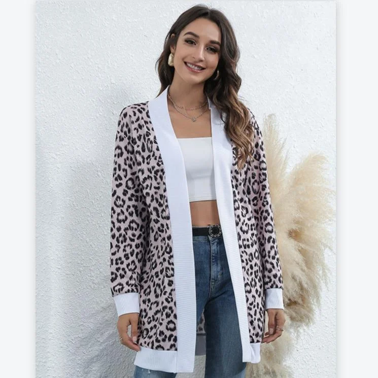 Slim Fit Women's Clothing Christmas Leopard All Over Print Knitted Jersey Overcoat Cardigan Coat