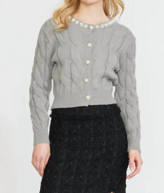Breathable Comfort Cable Cardigan With Pearl Trim In Silver