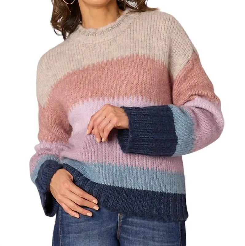 Perfect Tailoring Long Sleeve High Round Stripe Sweater In Heather Oatmeal Navy Multi