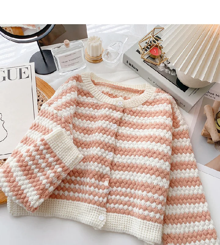 Free and comfortable Crew neck sweater cardigan women's stripe contrast long sleeve  6068