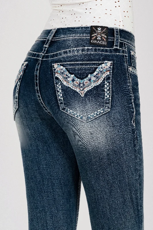 Soft Touch Necklace Embroidered Mid Rise  Bootcut Jeans