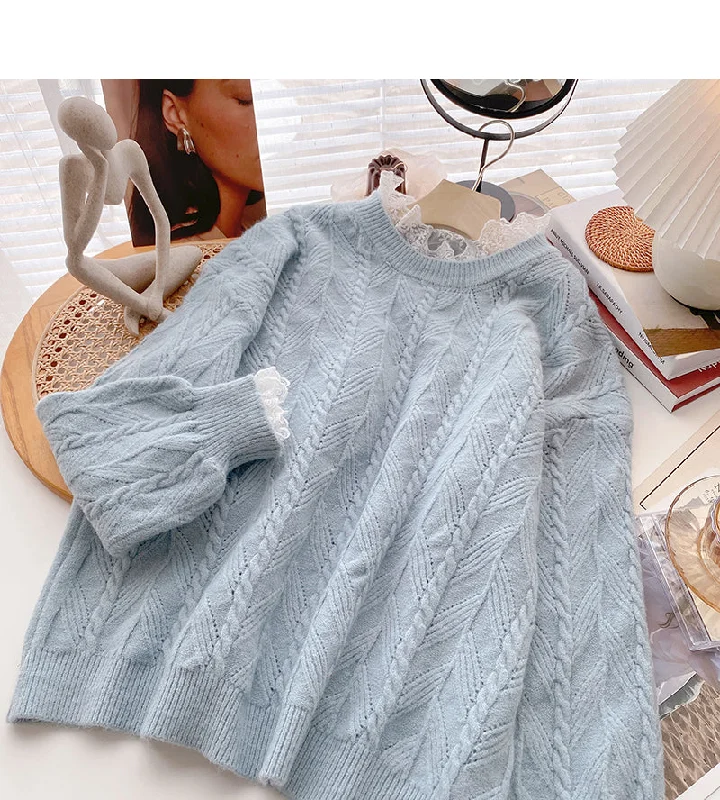 Stylish Ease Sweet retro lace edge long sleeve Pullover thin loose top  6020