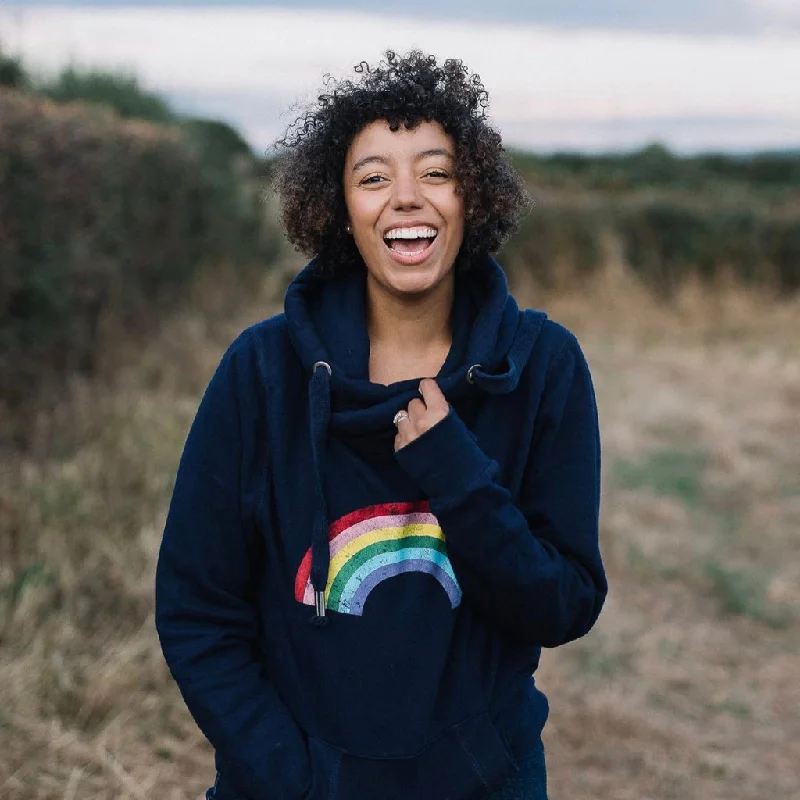 Street Show-off Style Distressed Navy Rainbow Cowl Neck Hoodie