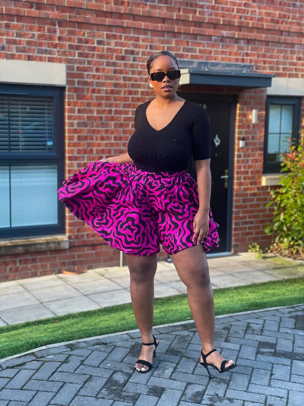 Short Design Jolene Ankara High Waisted Flare Short | Pink and Black African Print