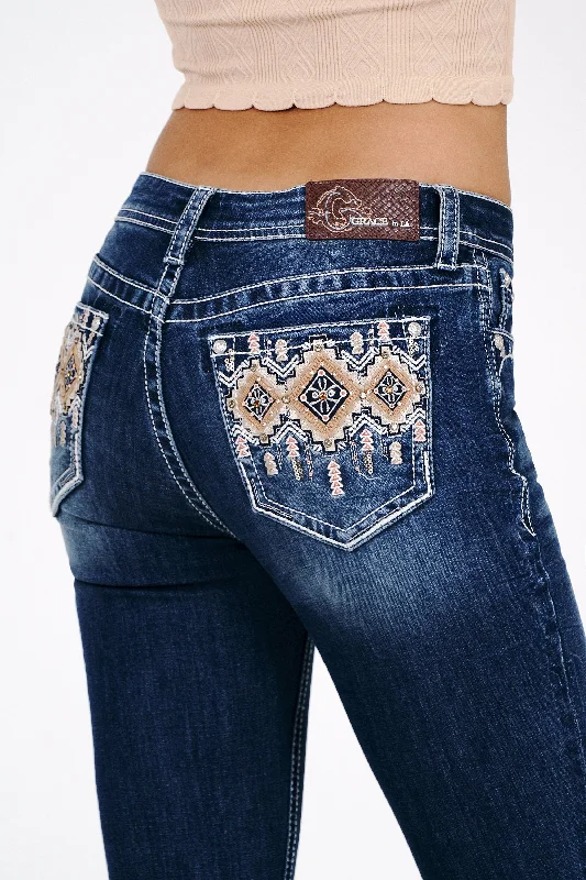 Effortless Dressing Aztec Leather Trim Mid Rise Embellished Women's Bootcut Jeans