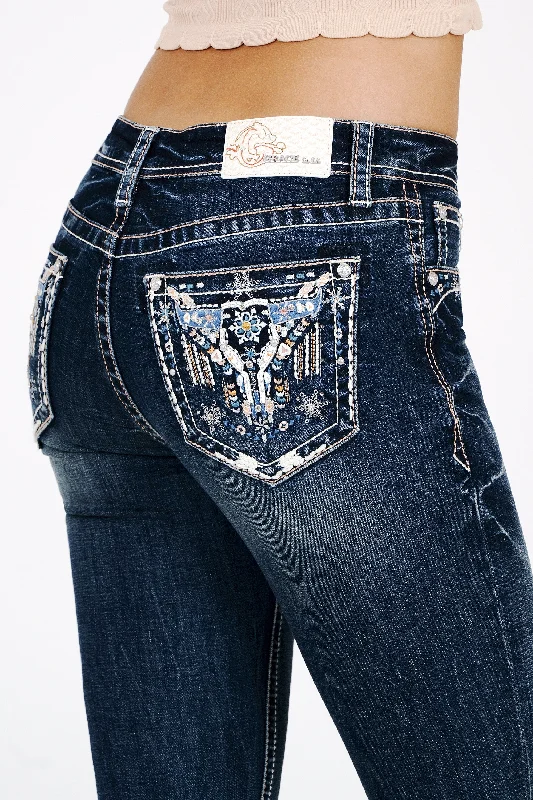 Easygoing Fashion Aztec/Steer Head Embroidery Mid Rise  Bootcut Jeans