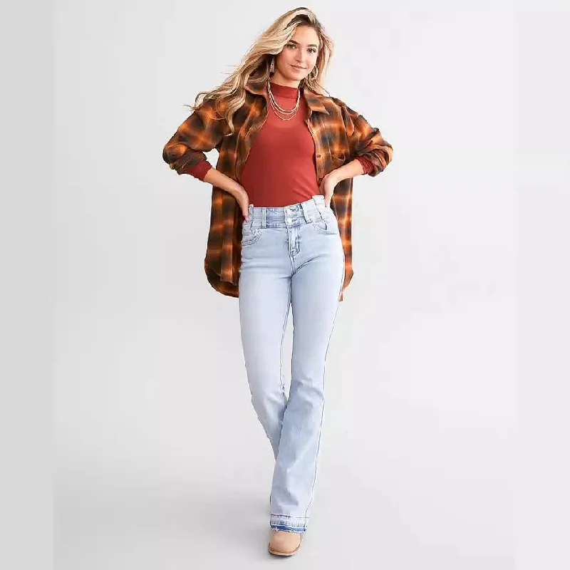 Relaxed Fit Women's High Waist Button Row Elastic Denim Pants