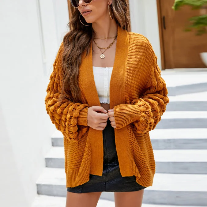 Black And White Style Ribbed Lantern Sleeve Loose Knitting Solid Cardigan