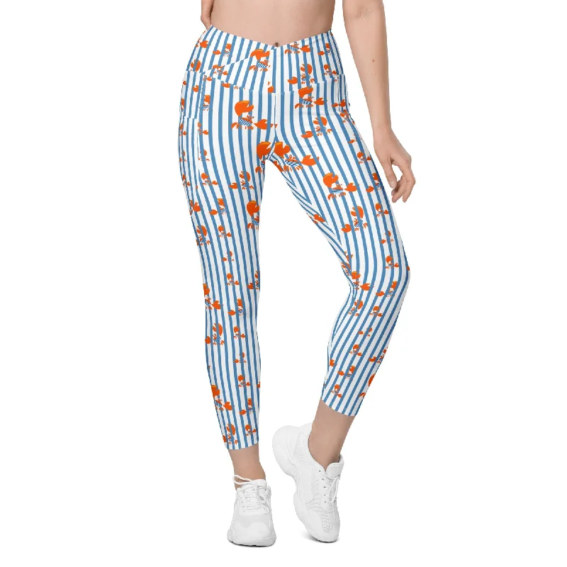 Retro Skirt Design Stripes & Crabs Crossover Leggings With Pockets