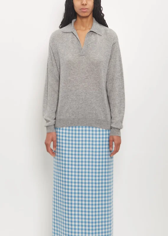 Cozy Sweaters Super Fine Cashmere Silk Knit Skipper Polo — Top Gray