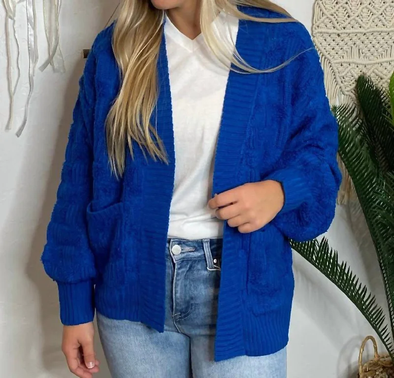 Single-shoulder Neck Design Fluffy Checker Cardigan In Cobalt