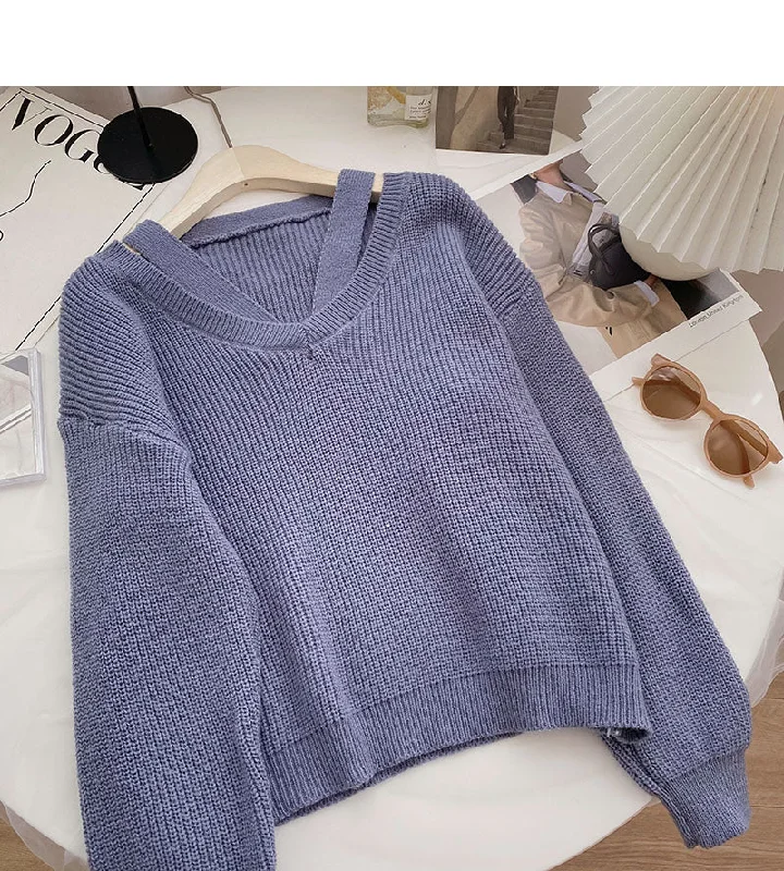 French Retro Design sense personalized V-neck hollowed out long sleeve thin loose top  6054