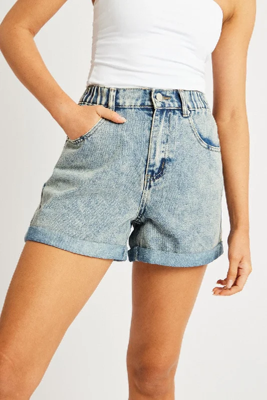 Elegant and noble Denim Relaxed Short High Rise Elastic Waist
