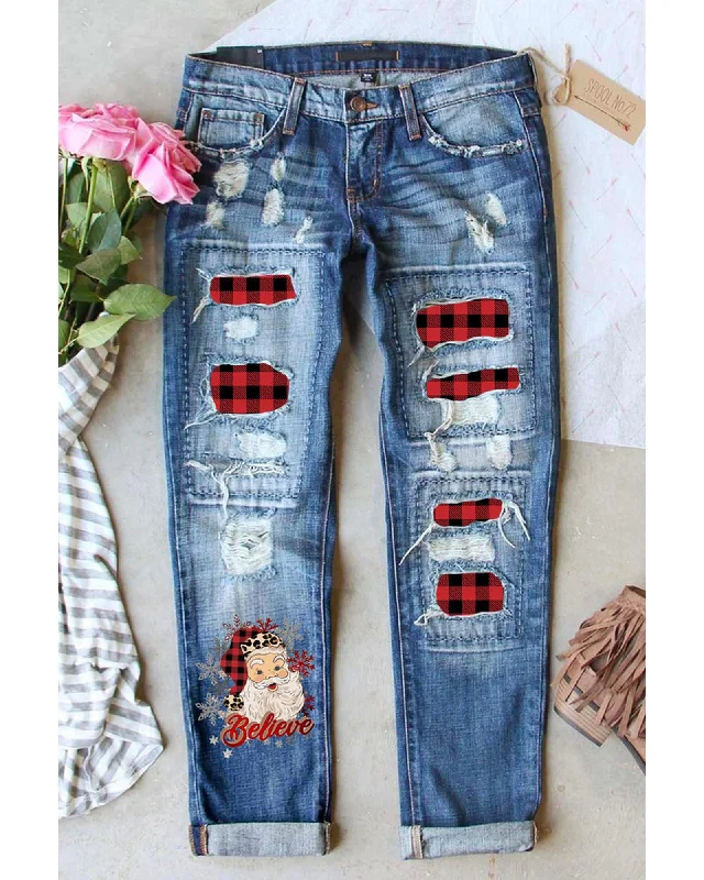 Hooded design Azura Exchange Plaid Splicing Distressed Jeans - 2XL