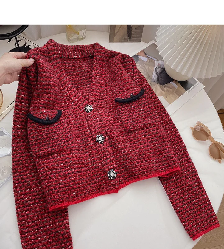 Fresh And Natural Small fragrance retro red sweater cardigan female  6052