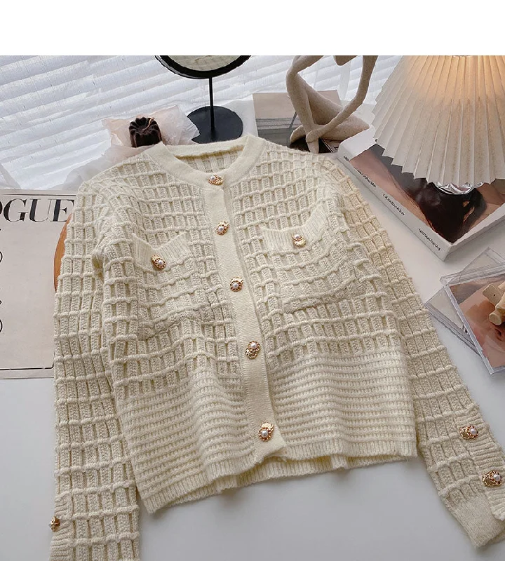 High-waisted pants style Xiaoxiangfeng gold silk knitted long sleeved single breasted plaid sweater  6065