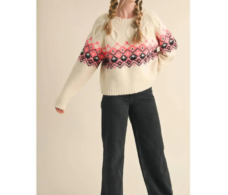 Ultra-lightweight Cable Knit Fair Isle Sweater In White