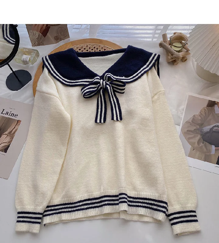 Street Sports Style Contrast lace up Navy neck sweater female  6075