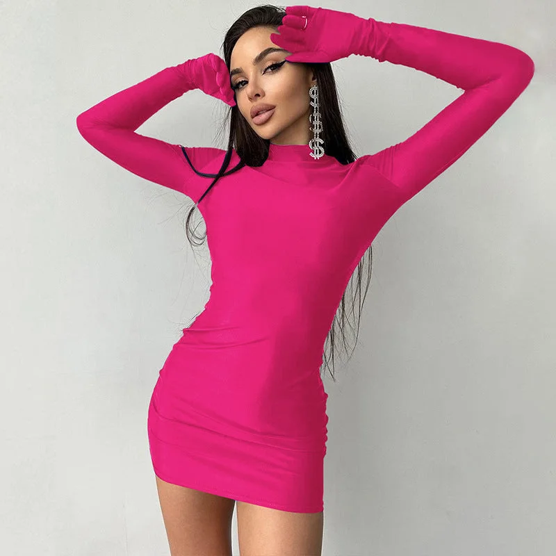 Stylish Wear Women's Hip Bag Round-neck Long-sleeved Dress
